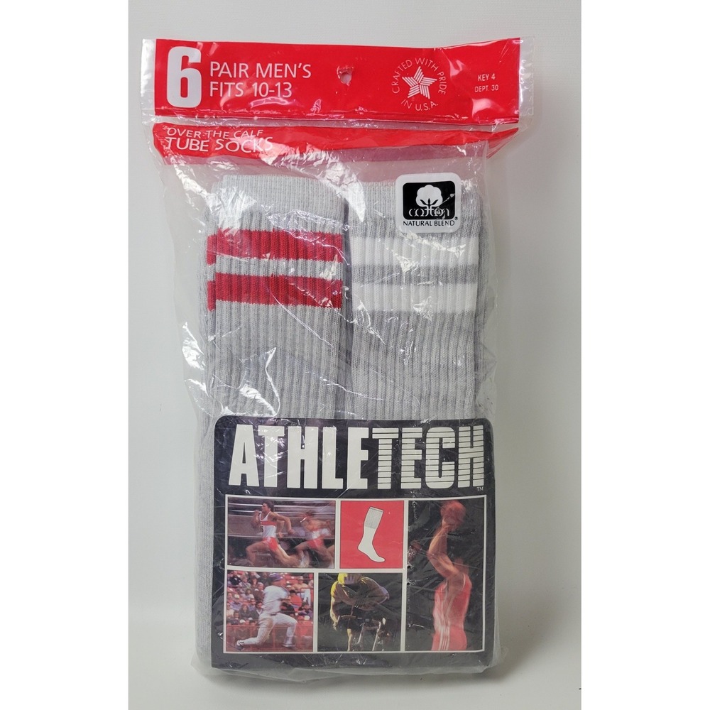 Vintage Athletech 6 Pair Mens Tube Socks Over The Calf Grey Striped KMart USA